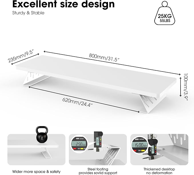 Fenge Monitor Stand Riser, Wooden & Metal Desk Shelf Organizer, White | 31.5in Computer Stand, Single Monitor Setup, for Compact Work Station, Multifunctional Monitor Shelf for Laptop, PC, Printer - Image 5