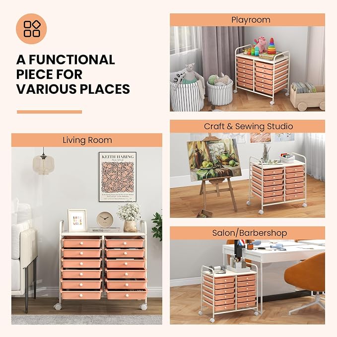 Giantex 12 Drawers Rolling Cart, Mobile Storage Drawer Cart, Classroom Organizer Cart for Office School Supplies Tools Scrapbook Paper Craft Small Printer, Utility Cart on Wheels, Peach Fuzz - Image 5