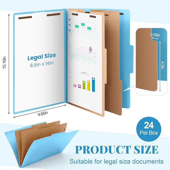AmazingSpark 24 Pcs Legal Size Classification Folders 2 Divider, Bulk Pressboard File Folder with Expansion 2 Prongs Fastener Heavy Duty Office File Organizer for School Hospitals Home(Light Blue) - Image 2