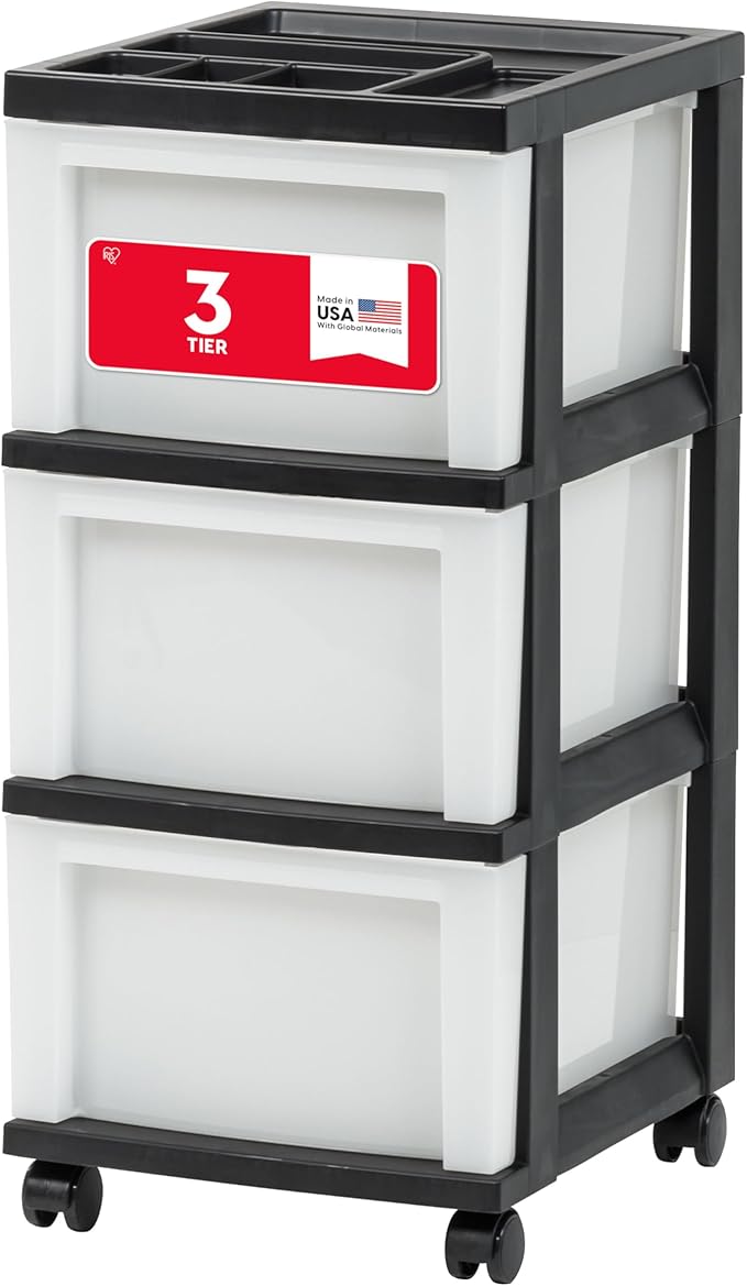 IRIS USA 3-Drawer Rolling Storage Cart, Black/Pearl | Keep craft supplies, office essentials, classroom items, and accessories organized with easy-access drawers for daily use by IRISUSA