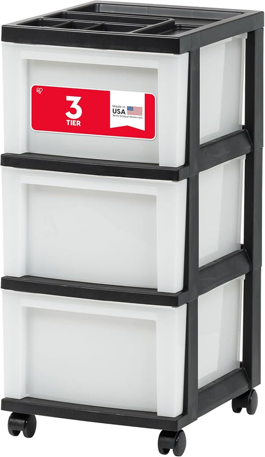 IRIS USA 3-Drawer Rolling Storage Cart, Black/Pearl | Keep craft supplies, office essentials, classroom items, and accessories organized with easy-access drawers for daily use by IRISUSA