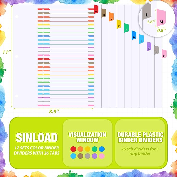 Sinload 12 Set A-Z 26 Tab Dividers for 3 Ring Binders, 8.5 x 11 Inch Alphabet Binder Divider a to Z Divider with Multicolor Alphabetical Tab Alphabetical File Divider for Page Notebook File - Image 2