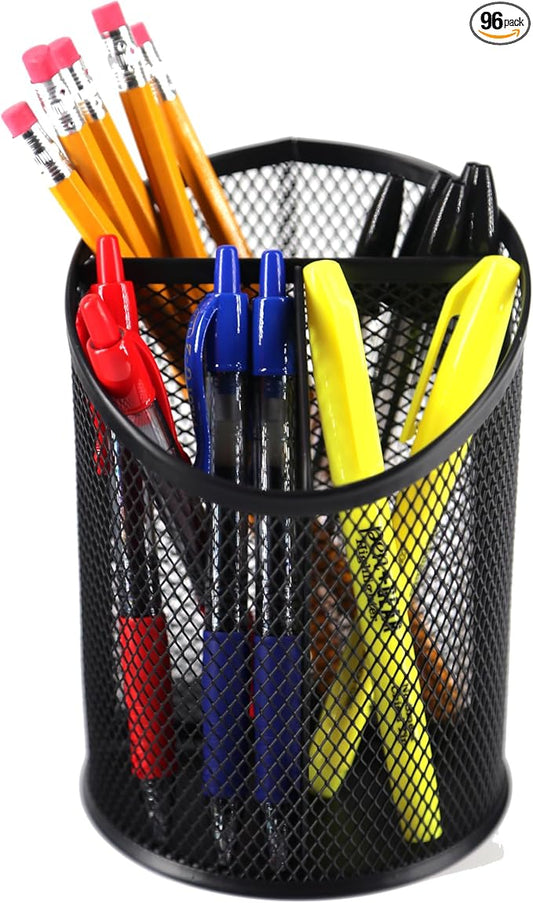 Huron Desktop 3 Compartment Round 5-3/4" Metal Mesh Pen and Pencil Cup Holder Desk Organizer (1/4/24/96) (96 pc) by Huron