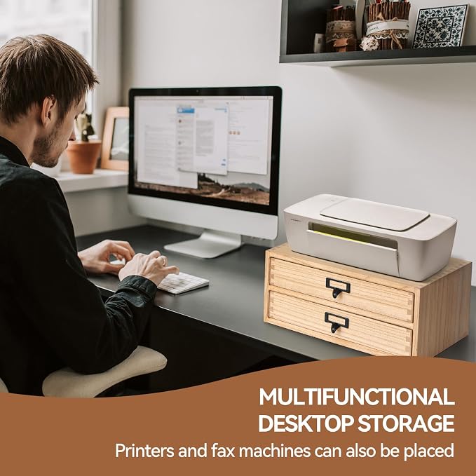 KIRIGEN Solid Wood Desk Organizer with 2 Drawers, Desktop Storage, Natural | 2-Drawer Cabinet for Printer Paper, Mail, Notebooks, and Office Supplies, 13.78 x 10.6 x 5.9 In, Fully Assembled - Image 6
