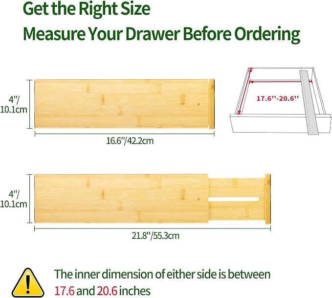 VaeFae 6 Pack Bamboo Drawer Dividers, 4" High Adjustable 16.6" - 21.8" Clothes Drawer Organizers, Expandable Separators for Bedroom/Bathroom/Kitchen/Office Storage - Image 2