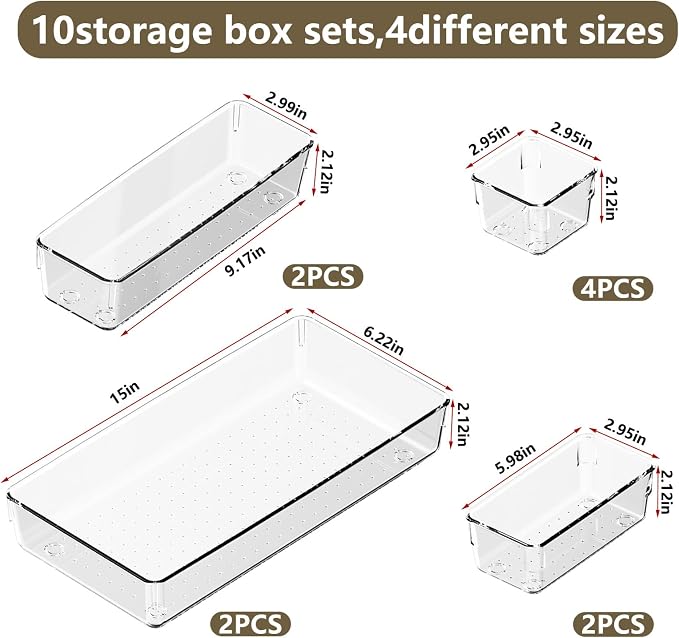 Clear Plastic Drawer Organizer Set with 15 Inch Extra Long Bins, 4 Sizes Large Acrylic Organizers for Kitchen Utensils, Bathroom Trays and Makeup Storage - Image 3