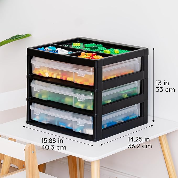IRIS USA Desk Organizer |Made in USA| 3-Tier Cases - Black/Clear | Fits 12"x12" Paper, Built-In Handles, Storage Unit with Supply Top for Craft, Art, Office Supplies, Pens & Pencils - Image 4
