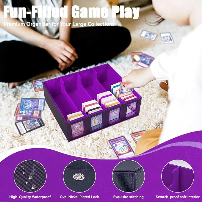 4-Row 3000+ Trading Card Storage Box for MTG, Card Deck Box with Snap-fit Design, 4 Card Sleeves, 8 Stoppers, 24 Dividers (4-Rows Black-Purple) - Image 5
