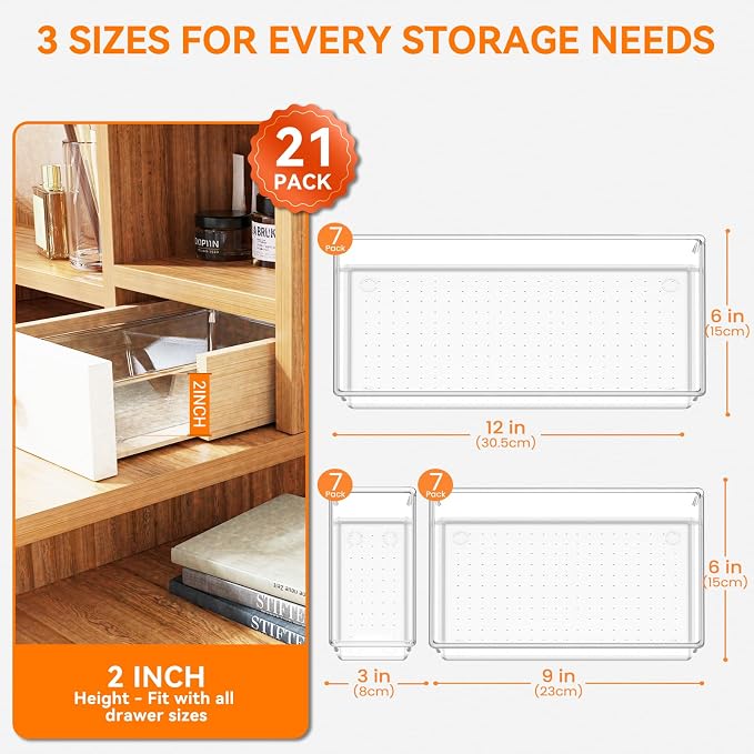 21 Pack Large Clear Plastic Drawer Organizer Trays | BPA-Free Acrylic Organizer Bins for Large Kitchen Utensils, Bathroom, Makeup, Jewelries, Office Desk, School Supplies, Perfume - Image 2