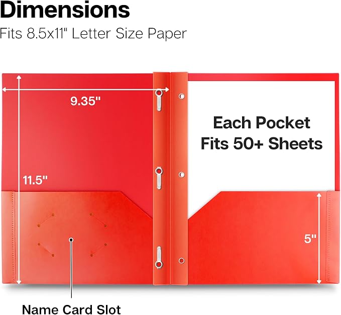 Dunwell Plastic 2-Pocket Folders with 3 Prongs, Red, 2 Pack, Poly | Cleanable, Tear-Resistant Acid-Free Poly, 3-Clasp Document Holder, Labels Included - Image 3