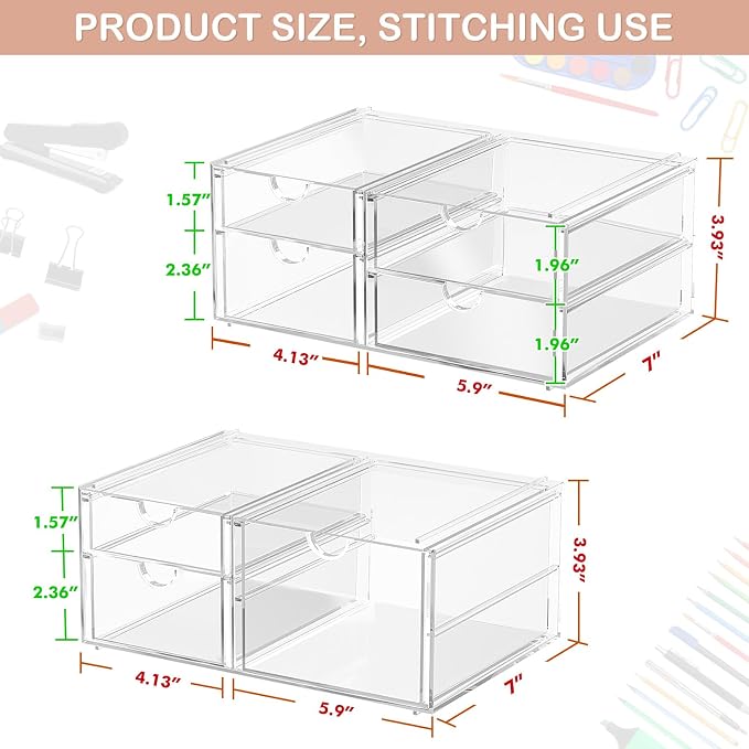 Acrylic 2-Pack 7-Drawer Makeup & Storage Organizer for Bath,Desk | Smooth-glide drawers, clear body, dustproof, wipe clean, for office supplies, pens, rings, earrings, tweezers, cotton swabs - Image 3