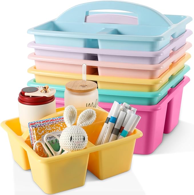 6 Pack 3 Compartment Small Caddy Plastic Classroom Organizer with Handle Portable Teacher Supply Storage Caddy Craft Art Caddies for Pencil, Crayon, Marker, Home, Office, School Supplies(Pastel) by Yakydesign