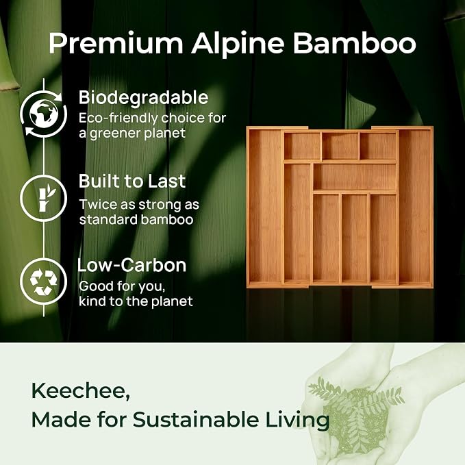keechee Carbonized Bamboo Kitchen Drawer Organizer, 10 Slots Expandable Silverware Organizer, Utensil Holder & Cutlery Tray, 2.2" Deep for Extra Capacity, Non-Slip Feet Included - Image 7