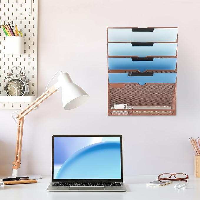 6 Tier Mesh Hanging Wall File Organizer, Desk Vertical Mail Paper Document Folder Holder Rack with Bottom Tray and Nametag Label for Office Home School, Brown - Image 6