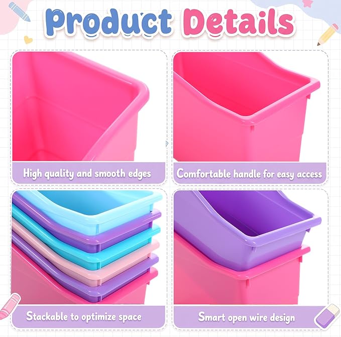 Blosssound 6 Set Book Bins for Classroom with Label Sticker Book Box Baskets Plastic Stackable Organizing Bins Storage & Organization for Classroom Library Home School Supplies (Purple Pastel) - Image 3