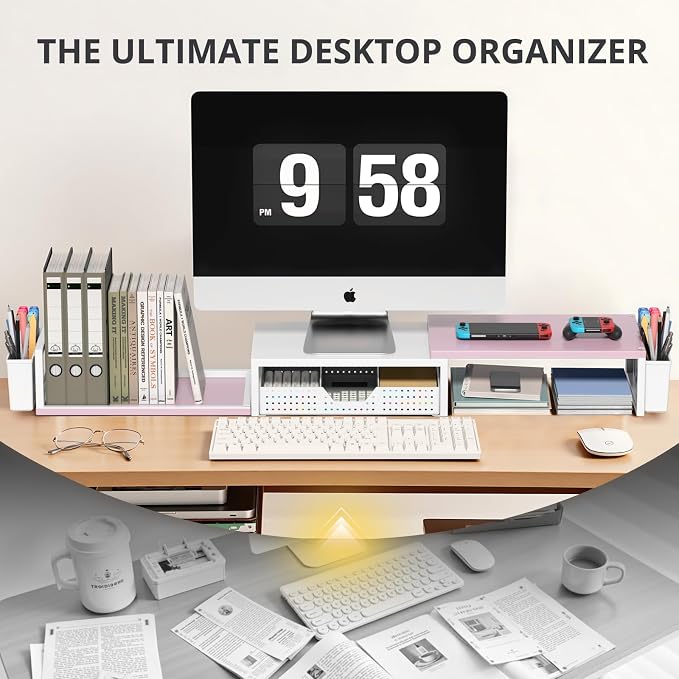 Desk Organizers and Accessories, Dual Monitor Stand Riser with Drawer and 2 Pen Holders, Desk Shelf Computer Racks for Office Workspace Organizers, Desktop Organization (Pink-White) - Image 6