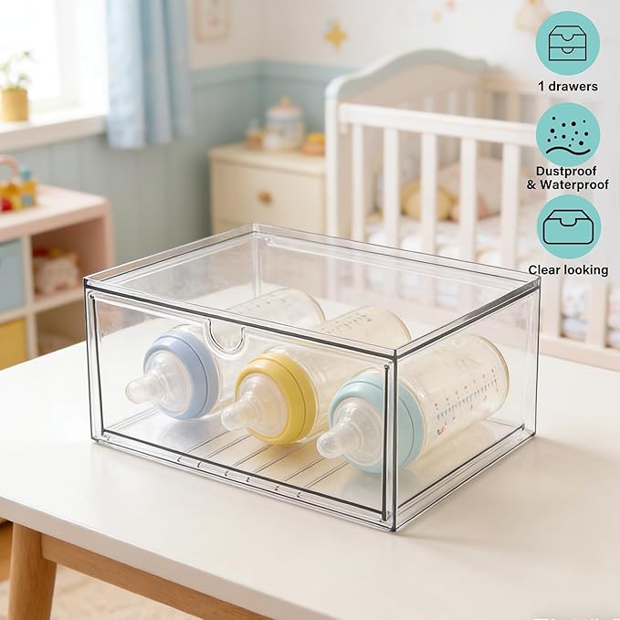 Prsildan Acrylic Makeup Organizer Stackable Clear Storage Drawers for Baby Bottles Desk Organizers for Countertop Vanity Nursery Adjustable Modular System for Cosmetics Jewelry - Image 6