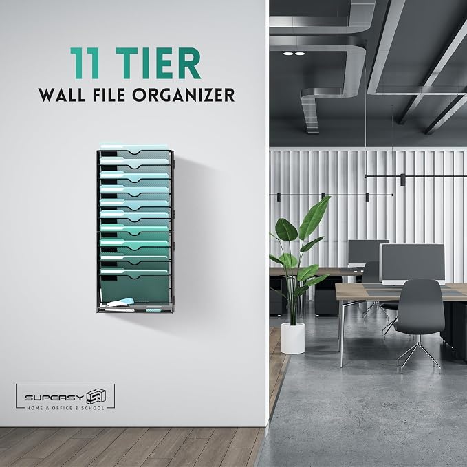 11-Tier Wall File Organizer, Wall Mounted Mail Sorter, 2 Pack | Metal Mesh Hanging File Organizer with Open Compartments and Label Panels for Papers and Folders at Home, Office or School - Image 2