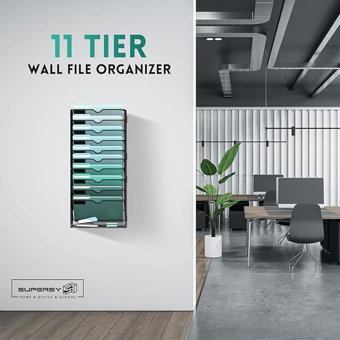11-Tier Wall File Organizer, Hanging File Holder, Wall Mounted Mail Sorter | Metal Mesh Hanging File Organizer with Open Compartments and Label Panels for Papers and Folders at Home, Office or School - Image 2