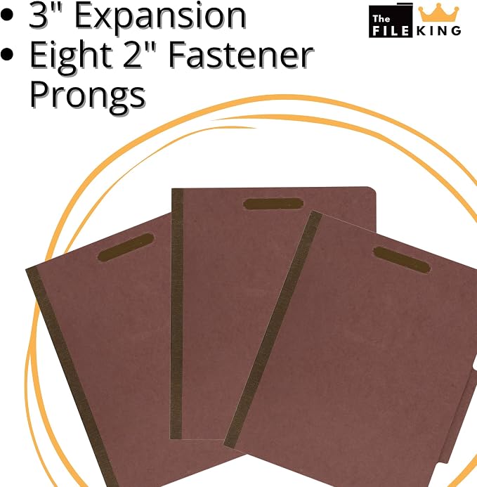 The File King Three Divider Pressboard Classification Carnelia Red File Folder - Letter Size | Box of 10 | 2/5 ROC Top Tab | 3” Expansion | Eight 2-Inch Fastener Prongs | USA Made - Image 4