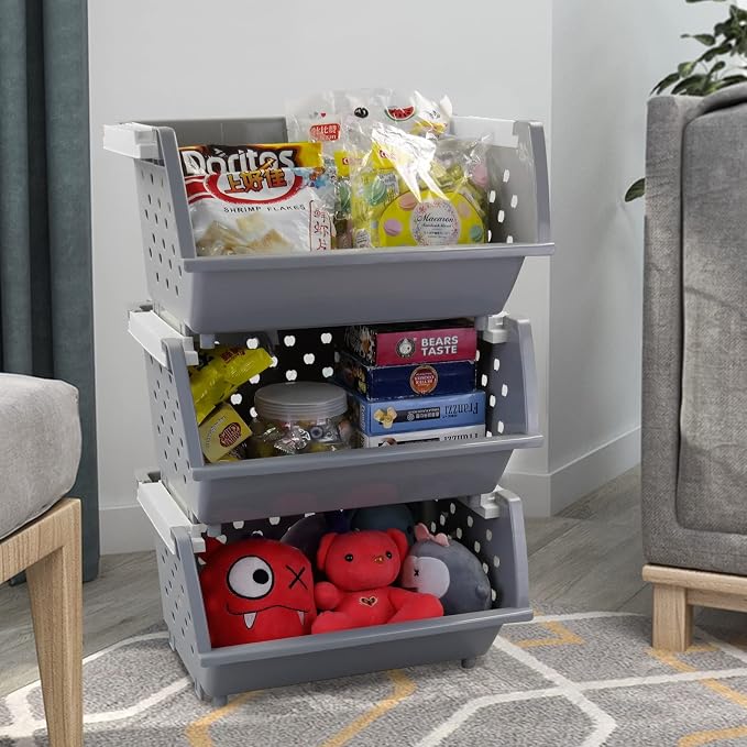 3 Pack Gray Large Stacking Basket Bin, Open Front Storage Baskets | Stackable - Image 5