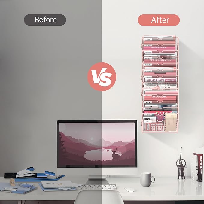14-Tier Wall File Organizer and Hanging File Organizer, Pink | Wall Organizer and Wall Mounted File Holder with 14 Pockets and Label Panels for Files, Mail, Folders, Magazines and Paper - Image 4