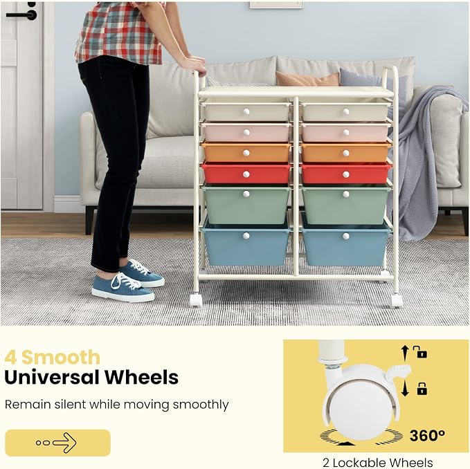 Moccha 12-Drawer Rolling Storage Cart - Utility Cart on Wheels with Lockable Casters for Craft Art Supply Paper Salon, Mobile Drawer Carts for Classroom Teacher School Office, Macaron - Image 5