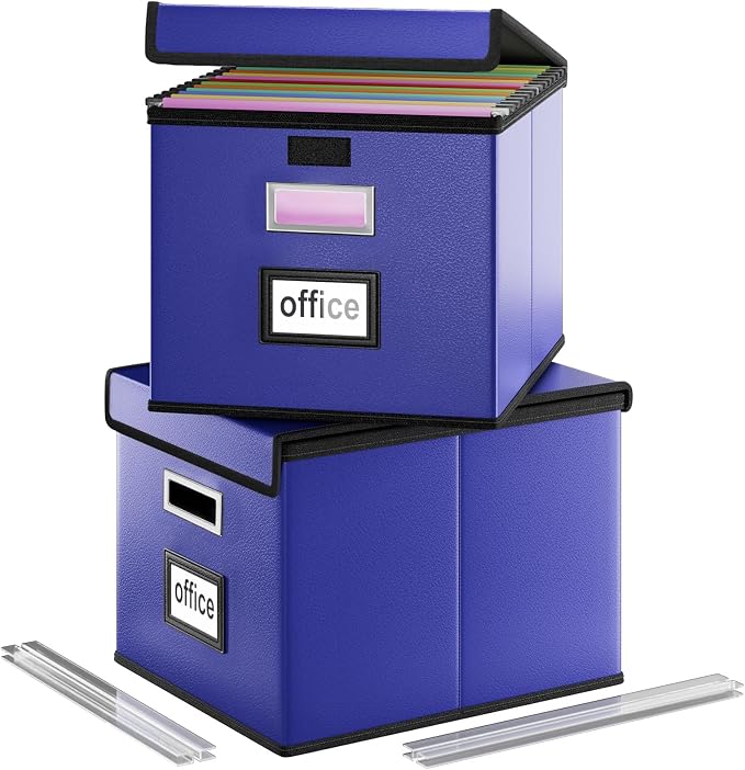 File Organizer Box with Lids, Collapsible File Folder Organizer | File Box with Plastic Slides for Document, Filing Bin for Letter Size Hanging File Folders (2 Pack, Navy Blue, Leather) by Huolewa