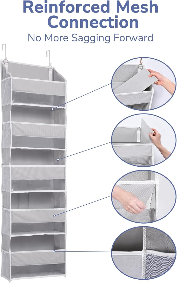 ULG 1 Pack Over Door Organizer with 5 Large Pockets 10 Mesh Side Pockets, 44 lbs Weight Capacity Hanging Storage Organizer with Clear Window for Kids Toys, Shoes, Diapers, Grey, 5 Layer - Image 6