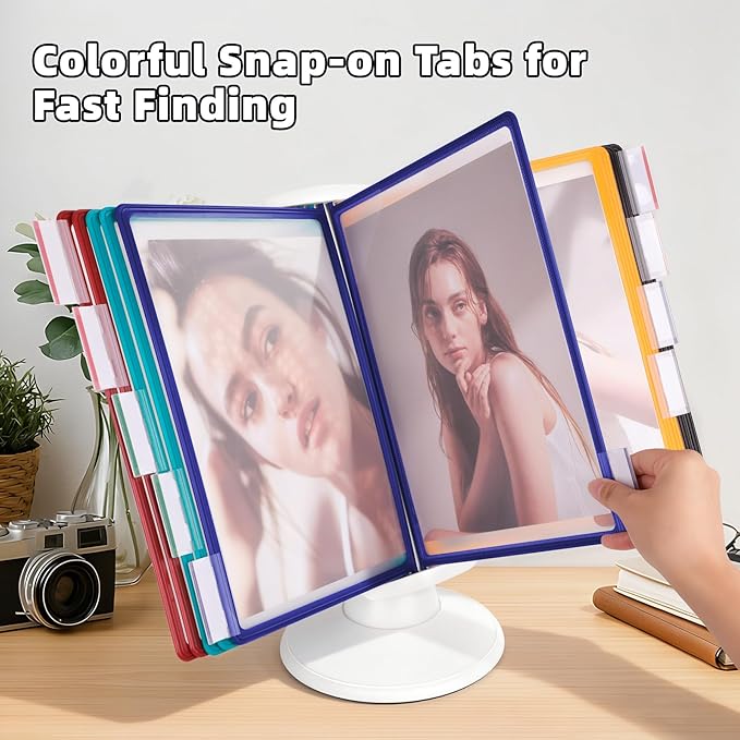 10-Pocket Desktop Reference & Display System with 360° Adjustable Base, Fast Flip & Find Desk Reference Organizer, A4/Letter Size 10 Double-Sided Panels with 5-Color Borders & Index Tabs, White - Image 4