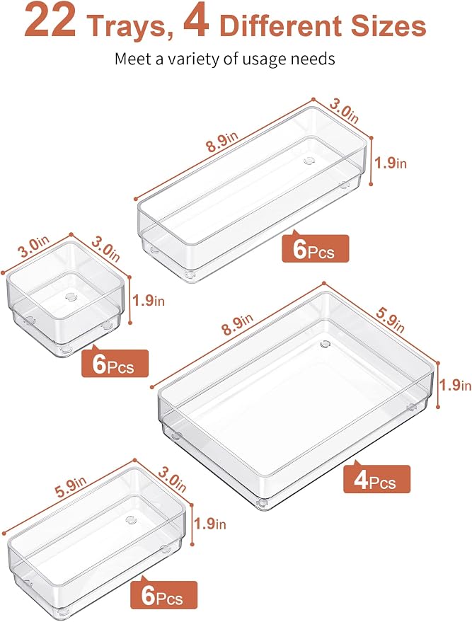 SMARTAKE 22 PCS Drawer Organizer, 4-Size Desk Bathroom Drawer Organizer | 4-Size Storage Tray with Non-Slip Silicone Pads for Makeup, Jewelries, Utensils in Bedroom Dresser, Office and Kitchen, Clear - Image 2