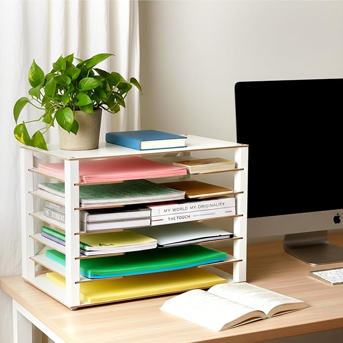 Construction Paper Organizer 12" x 18", 6-Tiers Paper Storage | Movable Wooden Desktop Organizer, Letter Tray for Office, Home, Classroom - Image 6