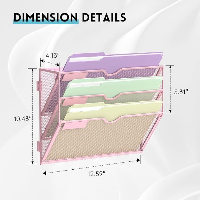 3 Tier Wall File Organizer, Hanging Wall Mounted Mail Organizer with Label Slots, Metal Mesh File Holder Magazine Rack for Office, Home, School, Pink - Image 2