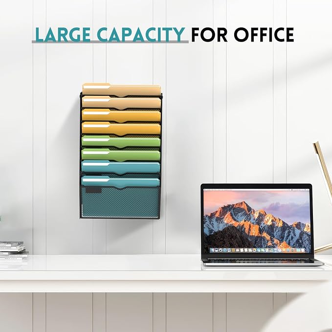 8 Tier Wall File Organizer, Hanging Wall Mounted Mail Organizer with Label Slots, Metal Mesh File Holder Magazine Rack for Office, Home, School or Classroom, Black - Image 6