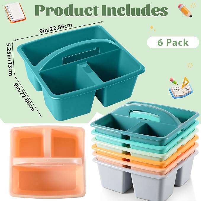 6 Pack 3 Compartment Small Caddy Plastic Classroom Organizer with Handle Portable Teacher Supply Storage Caddy Craft Art Caddies for Pencil, Crayon, Marker, Home, Office, School Supplies(Morandi) - Image 2
