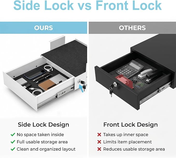 Under Desk Drawer with Lock, 13.8 Inch Slide-Out Metal Storage Drawer,Black | Steel Undermount Drawer, Standing Desk Drawers with Cable Management for Office & Home - Image 4