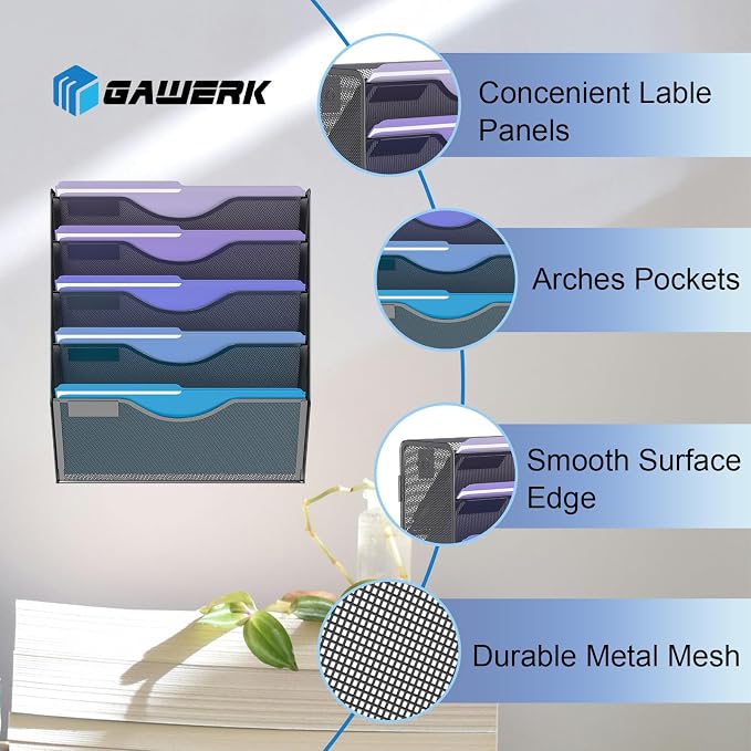 Gawerk 5 Tier Hanging Wall File Organizer, Mesh Mail Paper Orgnization Hanging File Folder Holder for Home Office, Black - Image 3