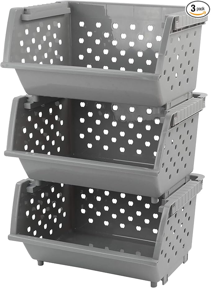 3 Pack Stacking Open Front Storage Bins, Gray Stackable Basket | Plastic Pantry Storage Basket Rack for Vegetable Fruit Snack Toy by Jandson