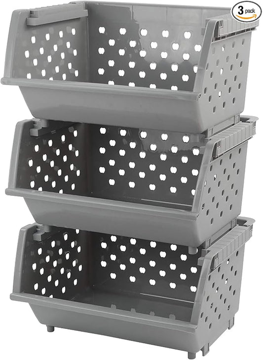 3 Pack Stacking Open Front Storage Bins, Gray Stackable Basket | Plastic Pantry Storage Basket Rack for Vegetable Fruit Snack Toy by Jandson