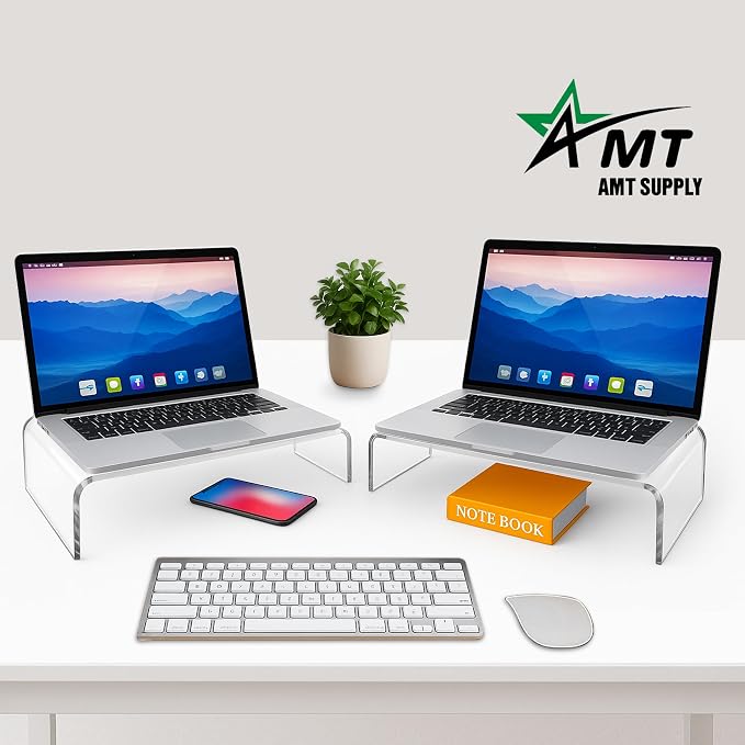 AMT 2 Pack Acrylic Laptop Monitor Stand & Computer Riser with Cat Keyboard Protector, Space-Saving Design, Extra Storage, Clear Shelf - Ideal for Monitors, Laptops, Printers, Desktop Decor - Image 3