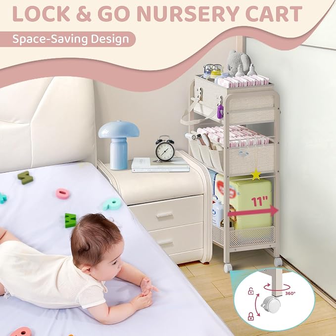 Baby Diaper Caddy Organizer and Storage,2In1 Baby Cart Organizer-Baby Diaper Caddy+3 Tier Rolling Cart for Baby Nursery,Baby Bedside Cart,Easy Assembly,Beige - Image 5