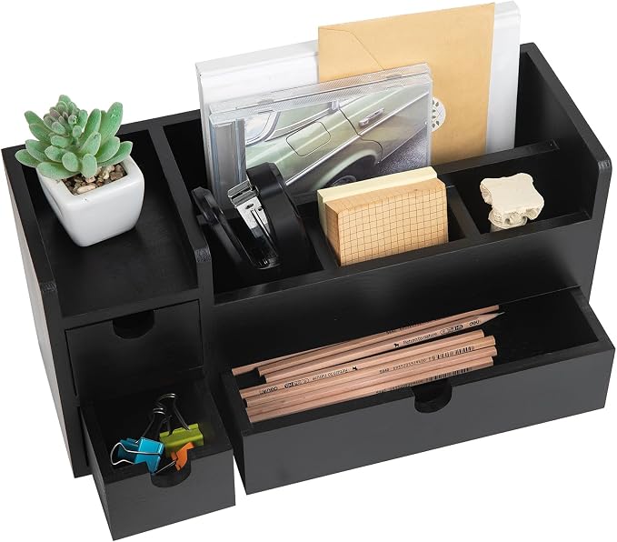 Vintage Black Wooden Desktop Organizer Removable Drawers Office Supplies Wood Storage Cabinet Caddy Box Stationery Pencil Slots Mail Holder Note Pads Accessories Home Makeup Tools Cosmetics - Image 4