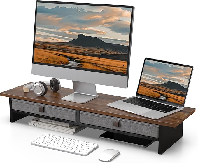 Fenge 35 Inch Monitor Stand with Drawer Storage, Computer Riser for Desk | Wooden Computer Shelf, 2 Tiers, for Dual Monitor/Laptop/PC/TV/Printer up to 55Lbs, Home Office Desk Organizer by Fenge