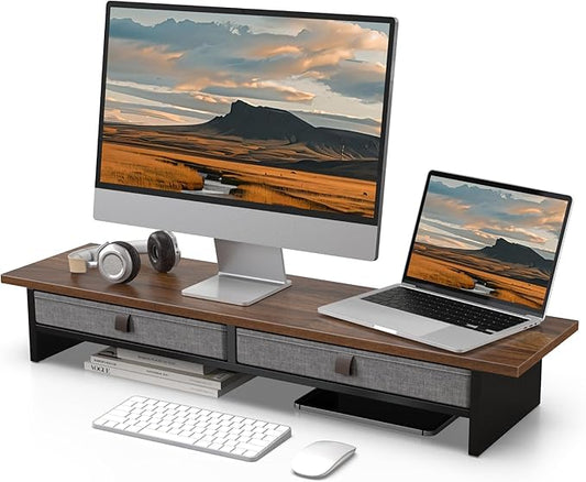 Fenge 35 Inch Monitor Stand with Drawer Storage, Computer Riser for Desk | Wooden Computer Shelf, 2 Tiers, for Dual Monitor/Laptop/PC/TV/Printer up to 55Lbs, Home Office Desk Organizer by Fenge