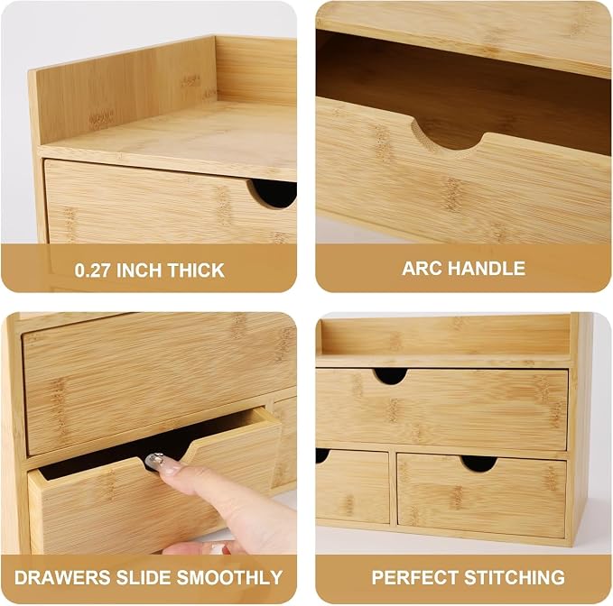 Charmewooden Bamboo Desk Organizer 3 Drawer with shelf, Countertop Organizer with Drawers Makeup Storage Drawer 3 Drawers Tabletop Storage Organization Box Home Office Workspace - Image 4