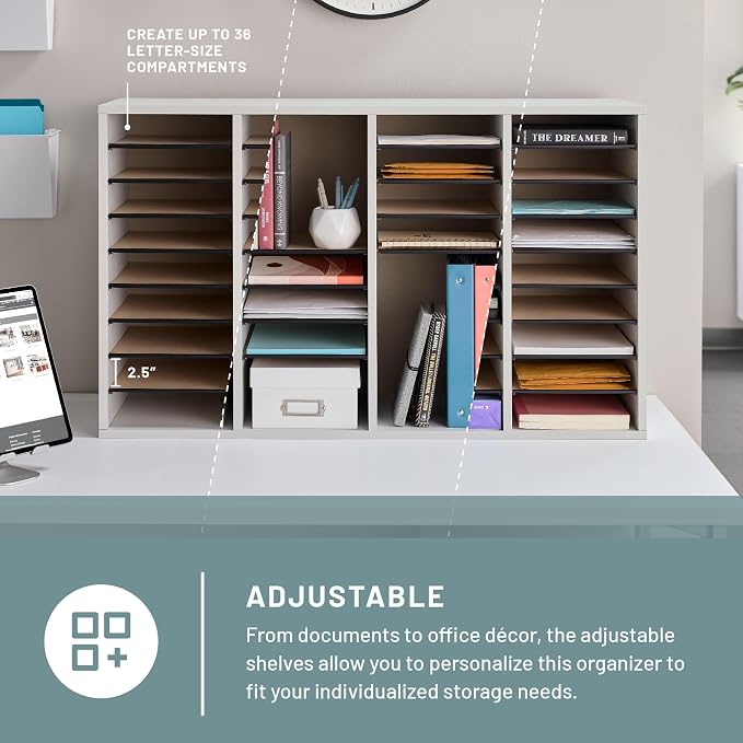 Safco Literature Organizer, 36 Compartments, Office and Classroom Mailbox with Adjustable Shelves, Wood Paper and Mail Sorter, Modern Gray - Image 2