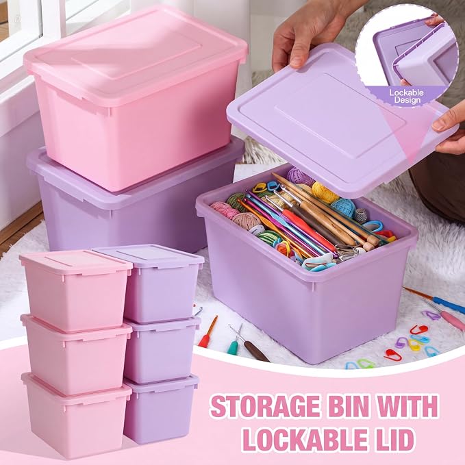 Potchen 6 Pack Small Stackable Storage Bins with Lids Plastic Storage Boxes for Classroom 9.8" ×7.3" ×5.7" Decorative Organizer Bins for Craft Art Office Teacher Supplies (Pink,Purple) - Image 3