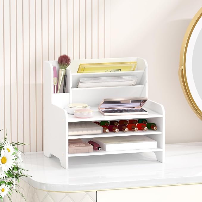 Bamboo File Organizer for Desk, Paper Tray with Pen Holder-White | Open tiers and a pen holder sort Letter/A4 paper, folders and office supplies while keeping your workspace clutter-free - Image 4