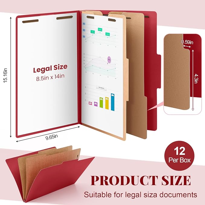 AmazingSpark 12 Pcs Legal Size Classification Folders Bulk 2 Divider Pressboard File Folder with Expansion 2 Prongs Fastener Heavy Duty Office File Organizer for School Hospitals Home(Dark Red) - Image 2