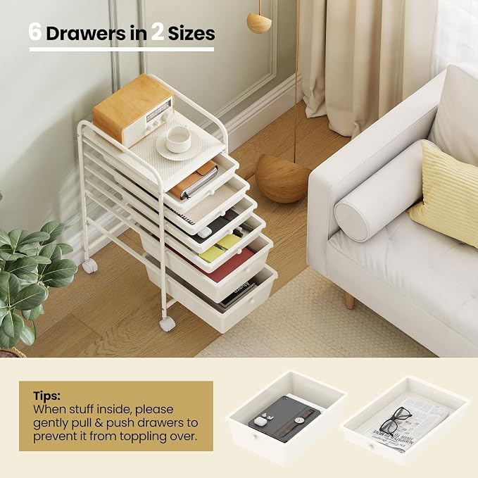 COSTWAY 6-Drawer Rolling Storage Cart, Art Craft Tools Organizer on Wheels | Multifunctional Heavy Duty Utility Mobile Storage Trolley w/ 2 Lockable Wheels for Home Office School (White) - Image 6
